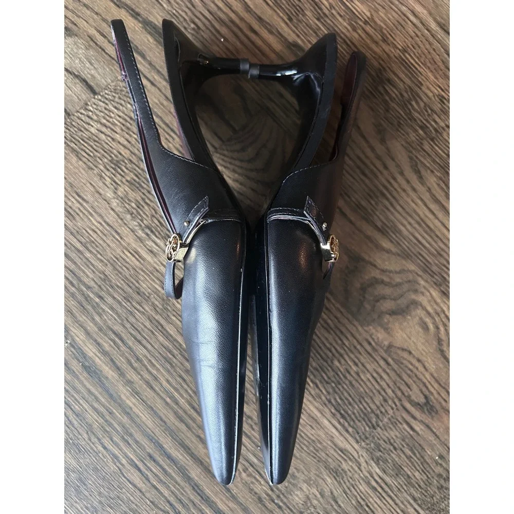 Tory Burch Black Leather Slingback Kitten Heel Pointed Toe Pump Logo 6.5M 8913